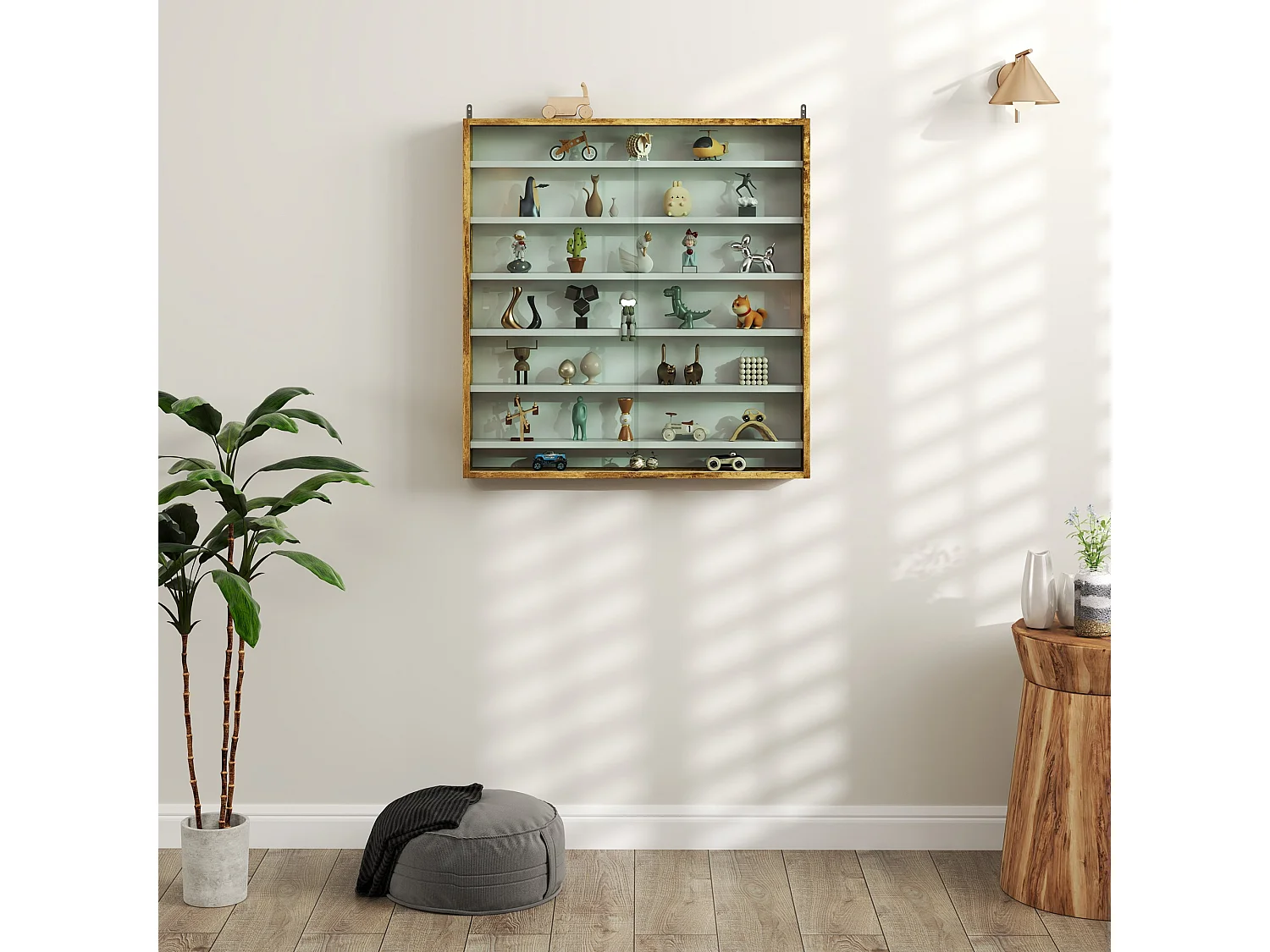 Yovere Rustic Brown Wood and Glass 6 Tier Wall Display Cabinet with Sliding Glass Doors