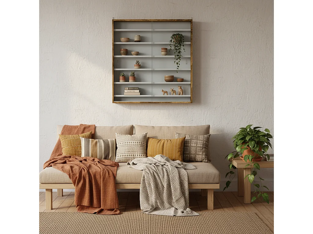 Yovere Rustic Brown Wood and Glass 6 Tier Wall Display Cabinet with Sliding Glass Doors