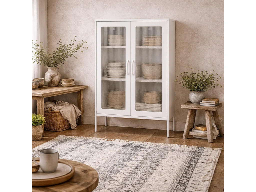 Bramblewood White Matt Steel Cabinet 2 Glass Doors 3 Shelves