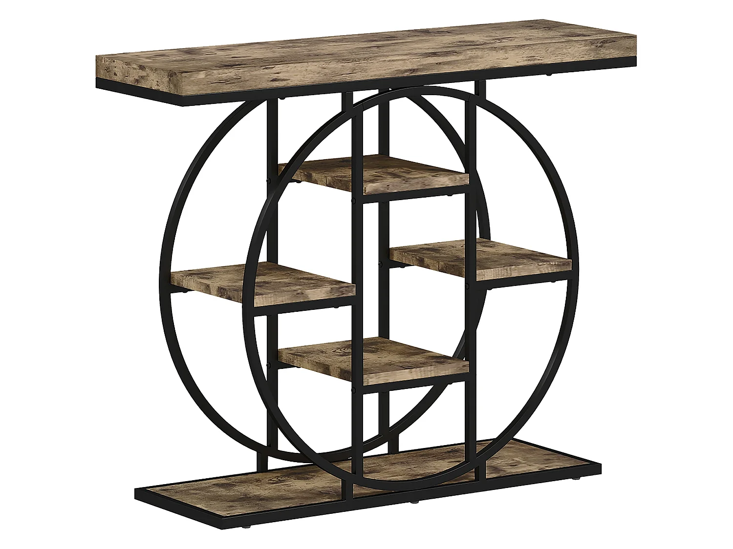 Reyore Industrial Console Table Rustic Brown Wooden Shelves Black Steel Frame 6 Open Shelves