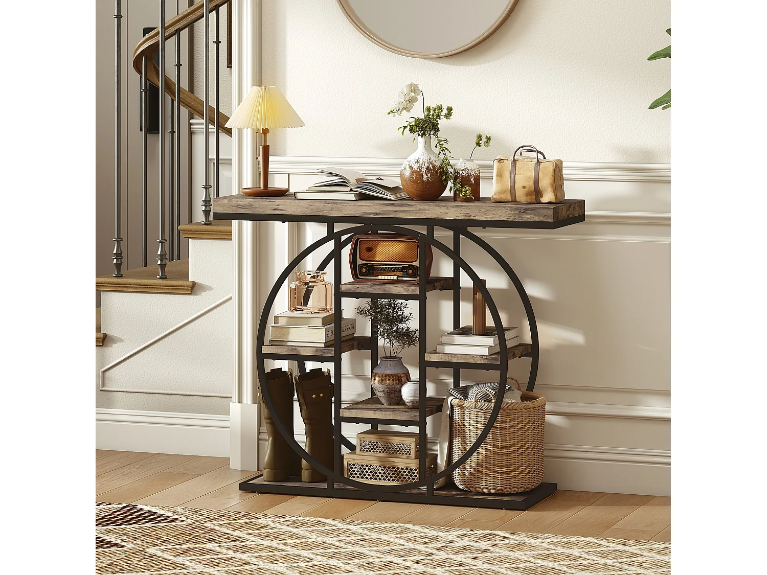 Reyore Industrial Console Table Rustic Brown Wooden Shelves Black Steel Frame 6 Open Shelves