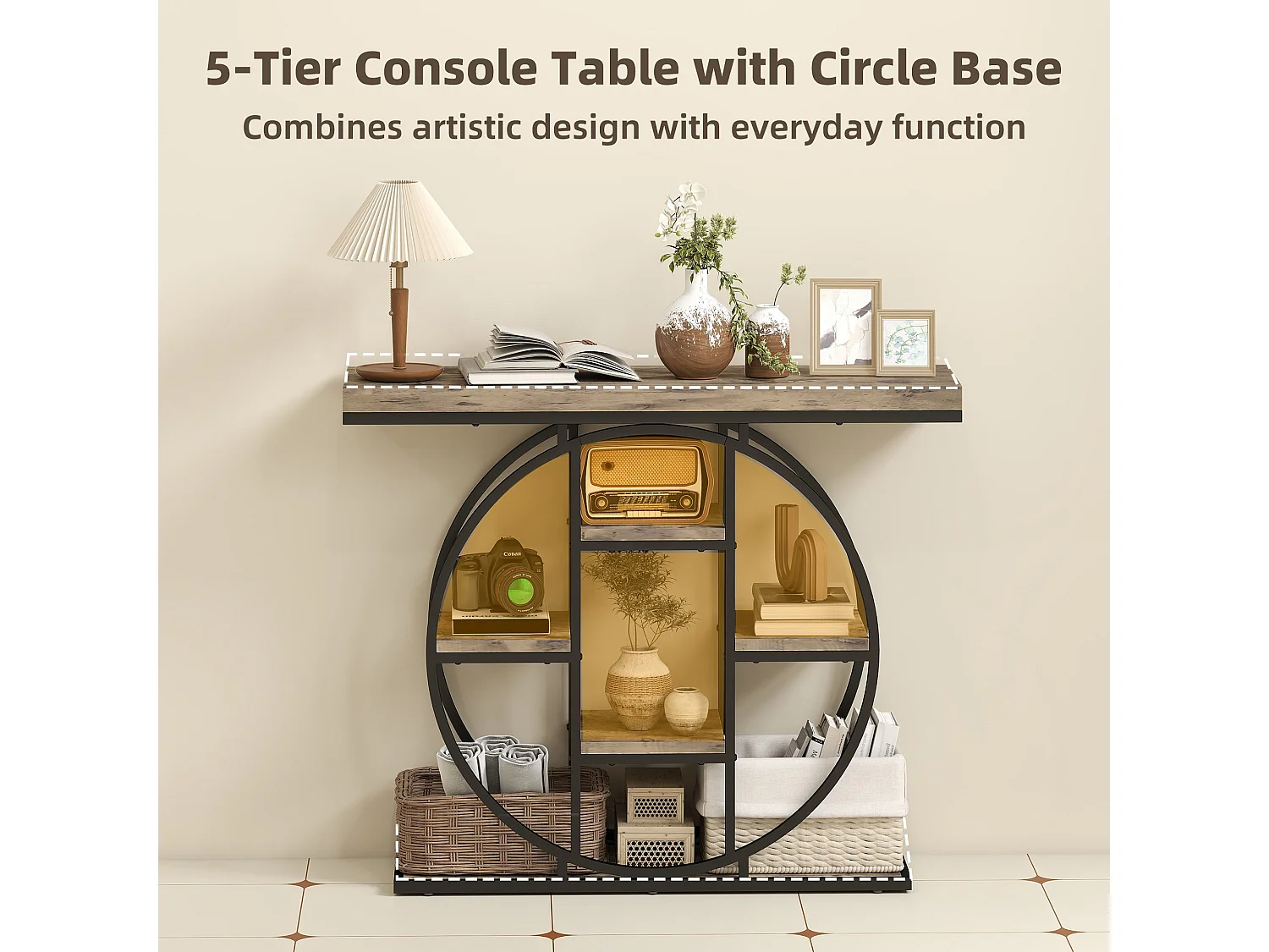Reyore Industrial Console Table Rustic Brown Wooden Shelves Black Steel Frame 6 Open Shelves