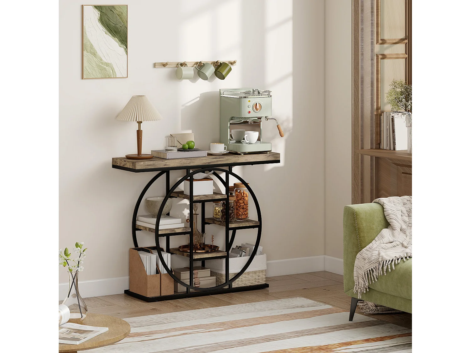 Reyore Industrial Console Table Rustic Brown Wooden Shelves Black Steel Frame 6 Open Shelves