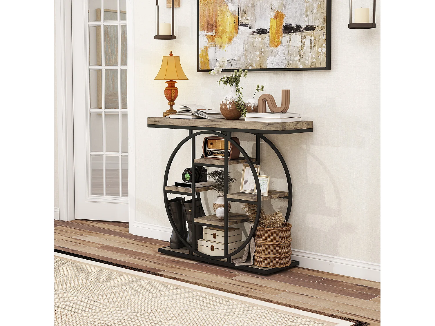 Reyore Industrial Console Table Rustic Brown Wooden Shelves Black Steel Frame 6 Open Shelves