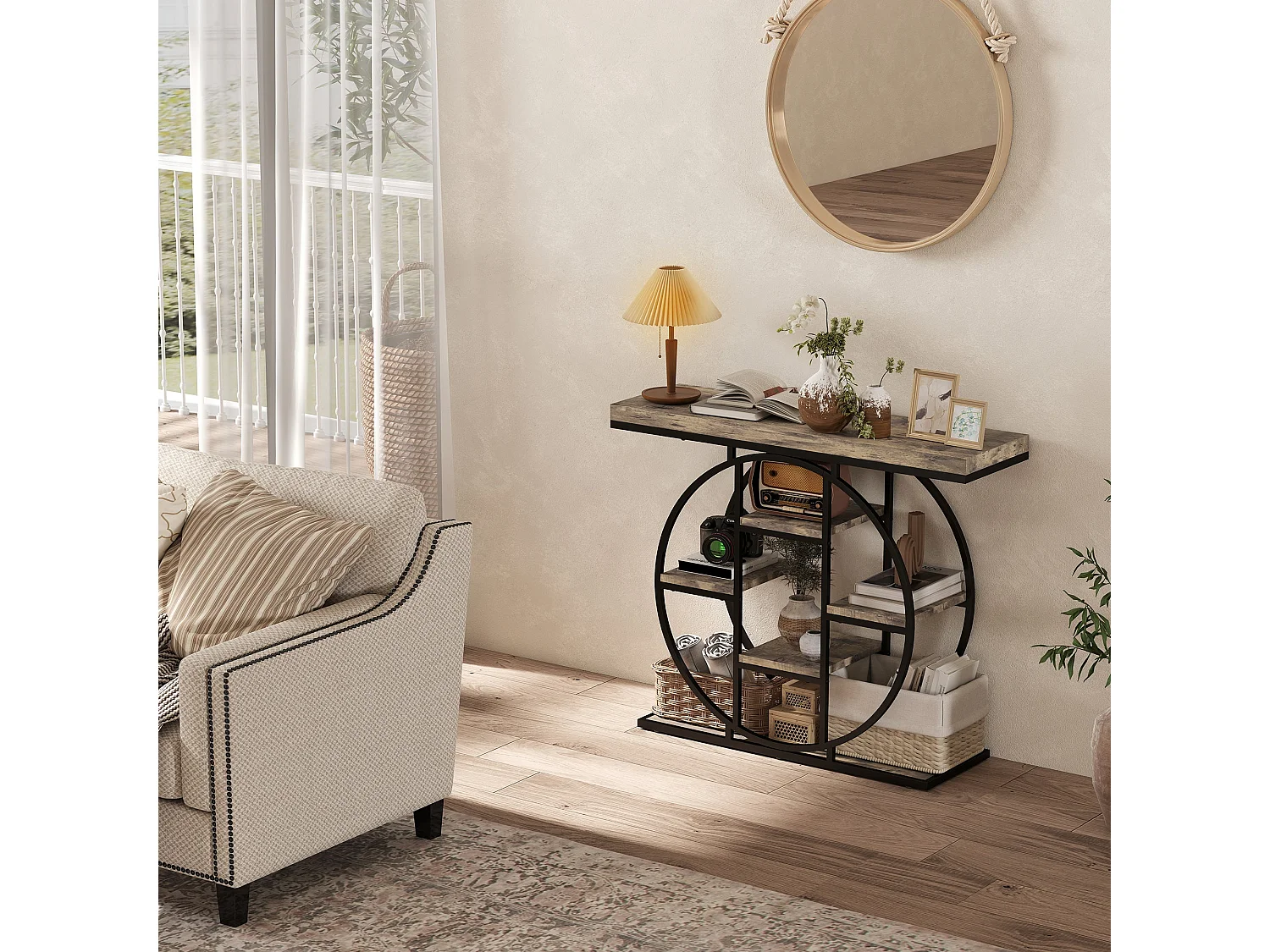 Reyore Industrial Console Table Rustic Brown Wooden Shelves Black Steel Frame 6 Open Shelves