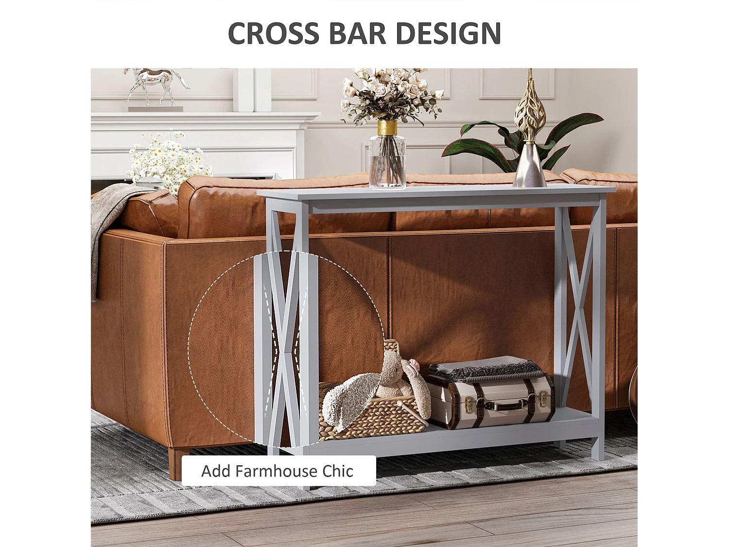 Reluba Grey Console Table with X Frame and Bottom Shelf 100cm