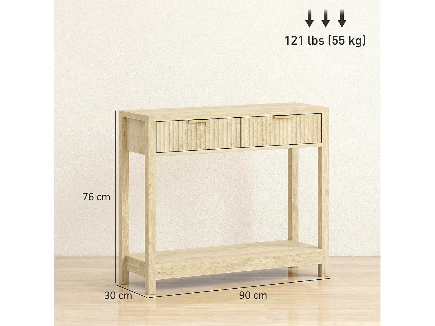 Kesoyo 90cm Natural Wood Console Table with Fluted Drawers and Lower Shelf