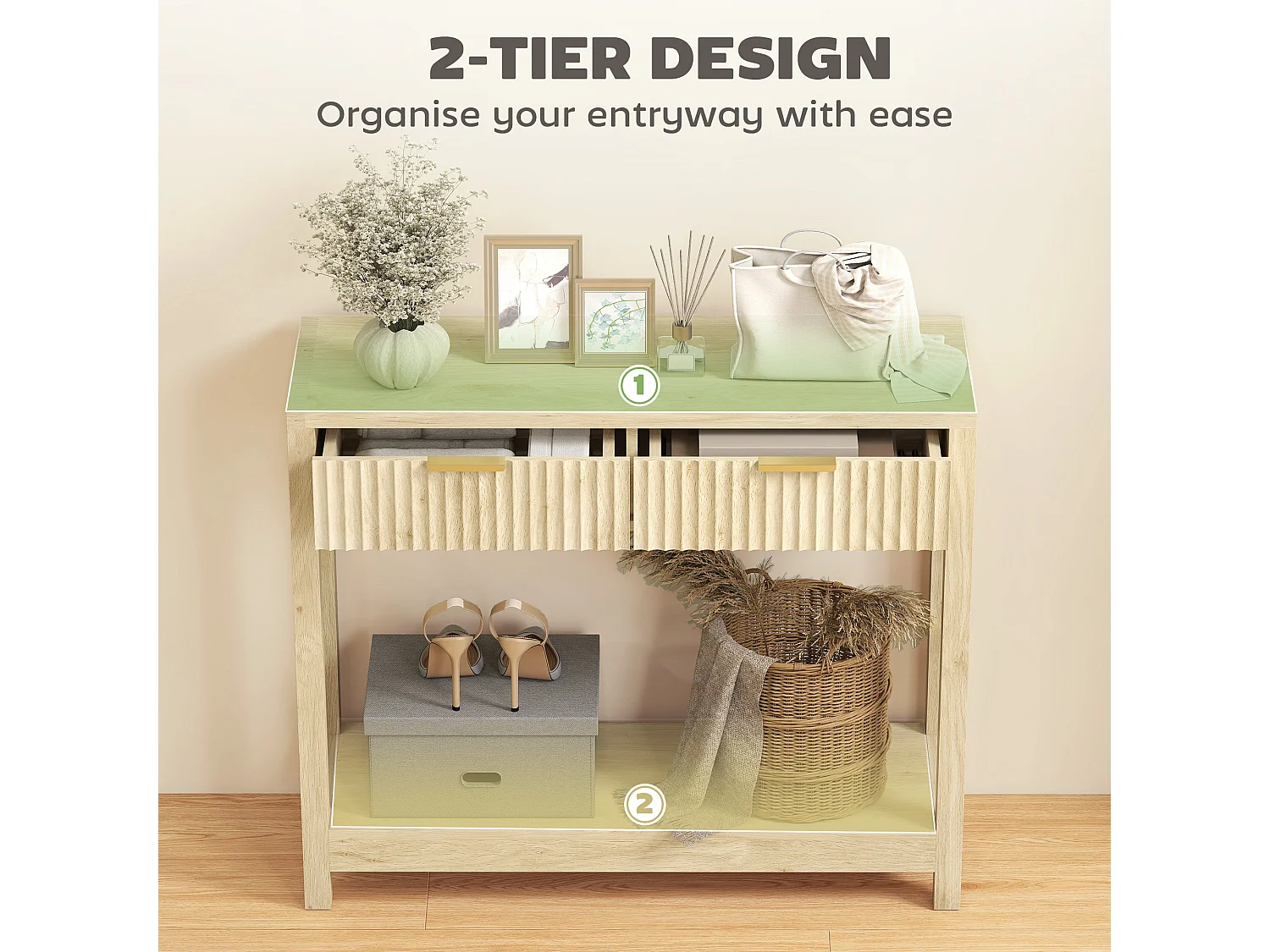 Kesoyo 90cm Natural Wood Console Table with Fluted Drawers and Lower Shelf