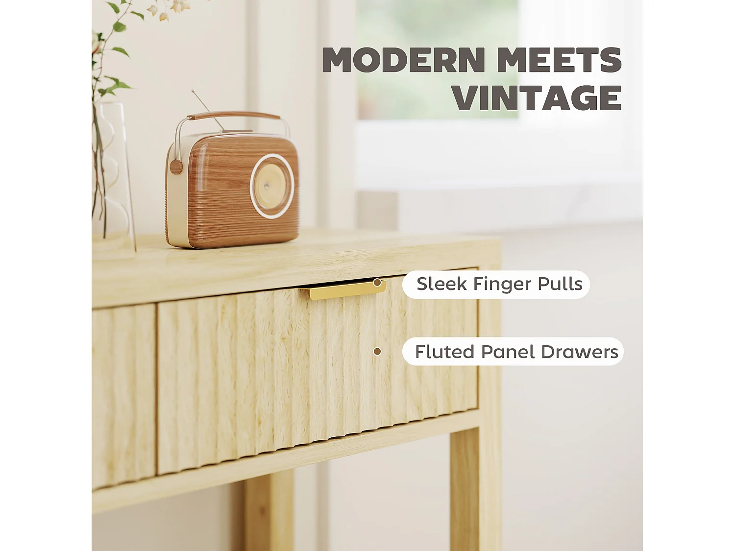 Kesoyo 90cm Natural Wood Console Table with Fluted Drawers and Lower Shelf