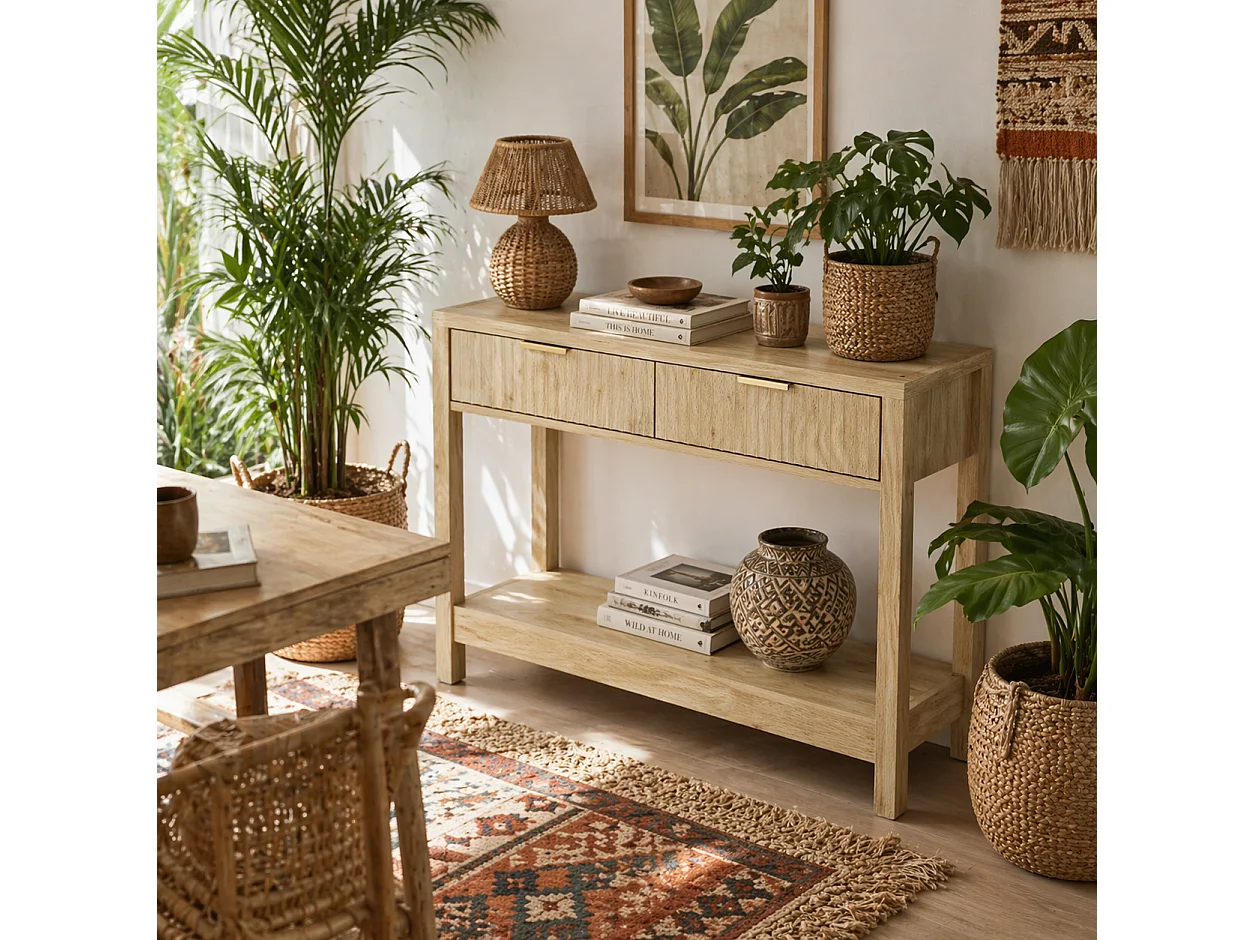 Kesoyo 90cm Natural Wood Console Table with Fluted Drawers and Lower Shelf
