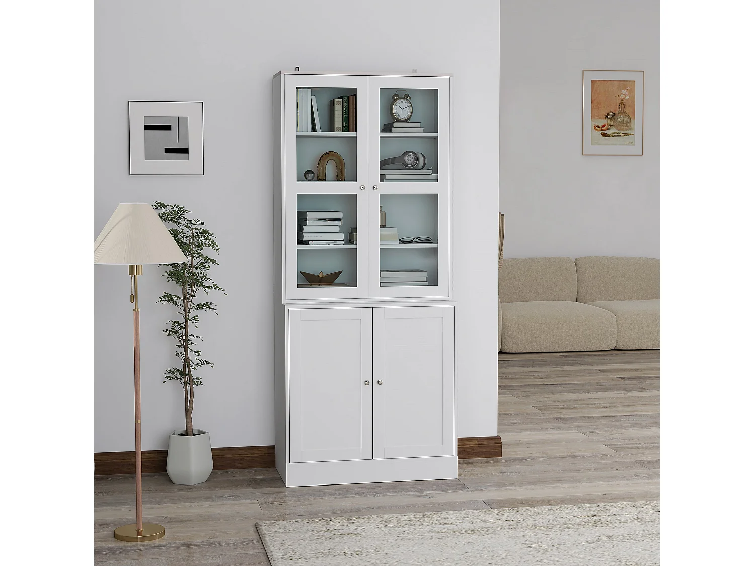 Salu White Display Storage Cabinet double compartment glass front 76W x 40D x 178.5Hcm