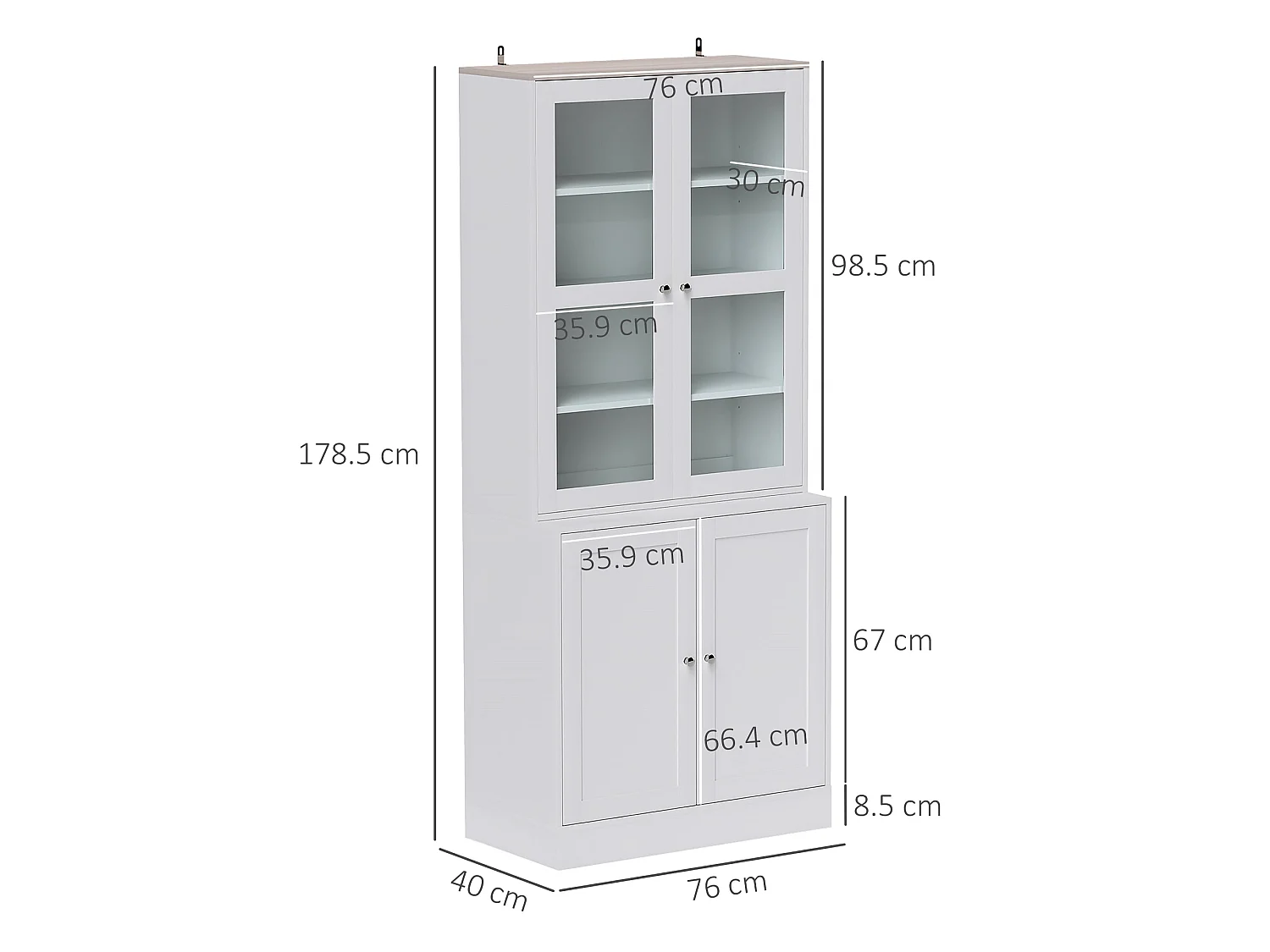 Salu White Display Storage Cabinet double compartment glass front 76W x 40D x 178.5Hcm