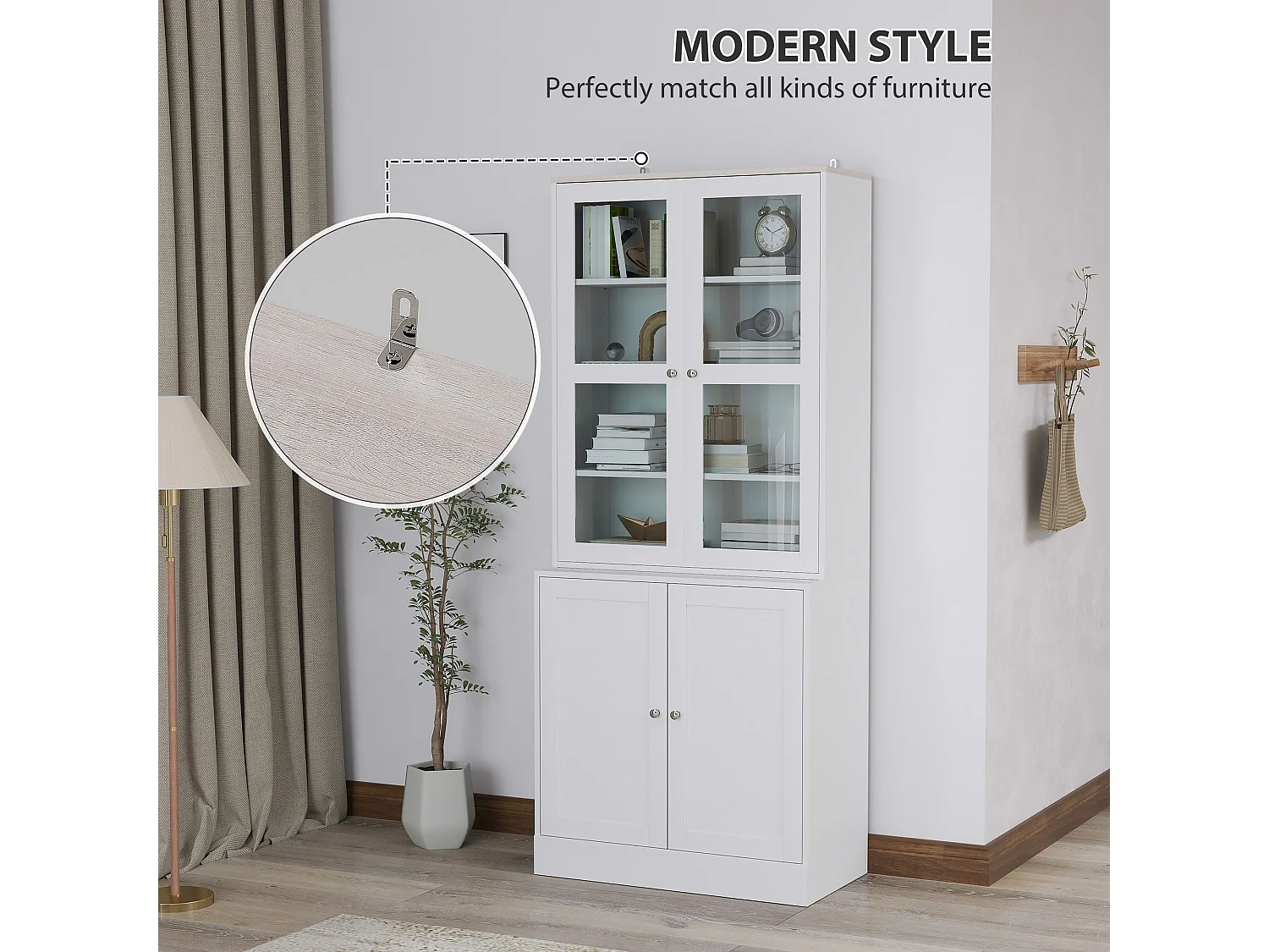 Salu White Display Storage Cabinet double compartment glass front 76W x 40D x 178.5Hcm