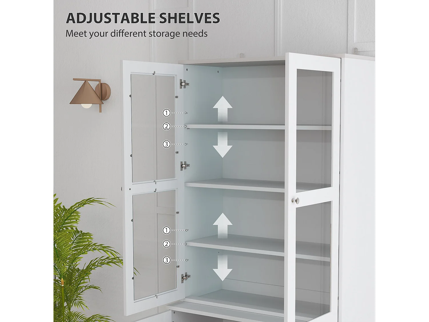 Salu White Display Storage Cabinet double compartment glass front 76W x 40D x 178.5Hcm