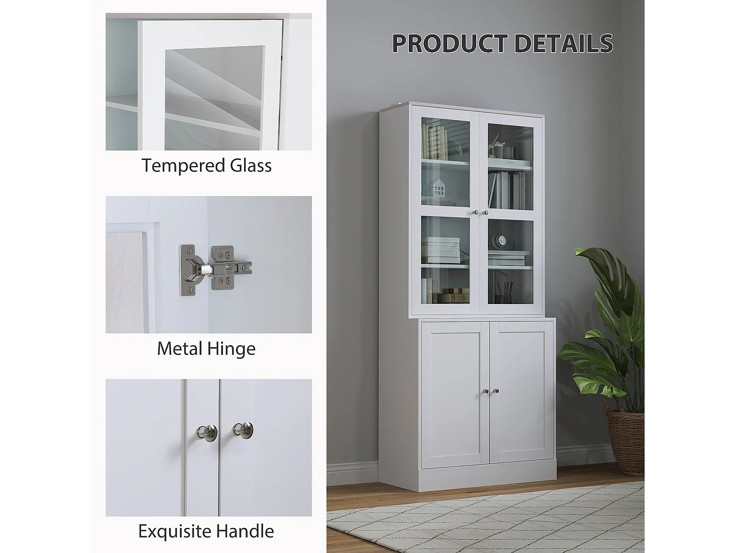 Salu White Display Storage Cabinet double compartment glass front 76W x 40D x 178.5Hcm