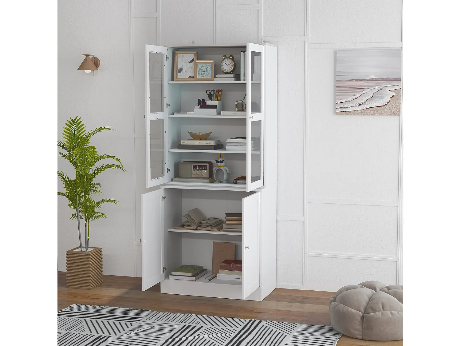 Salu White Display Storage Cabinet double compartment glass front 76W x 40D x 178.5Hcm