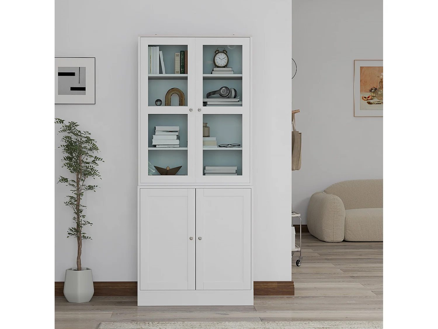Salu White Display Storage Cabinet double compartment glass front 76W x 40D x 178.5Hcm