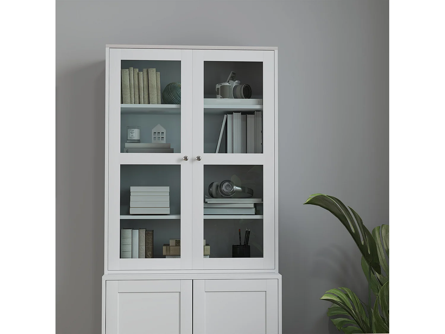 Salu White Display Storage Cabinet double compartment glass front 76W x 40D x 178.5Hcm