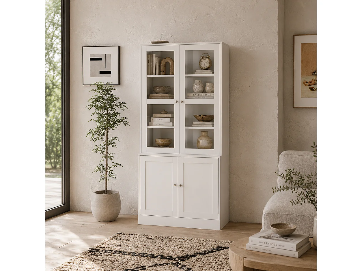 Salu White Display Storage Cabinet double compartment glass front 76W x 40D x 178.5Hcm