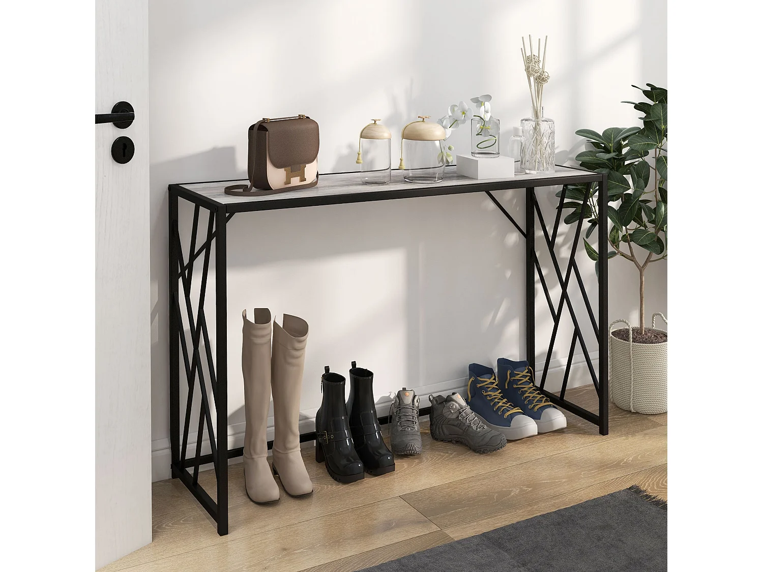Toli 120cm Industrial Console Table Grey Particleboard Top Black Metal Frame