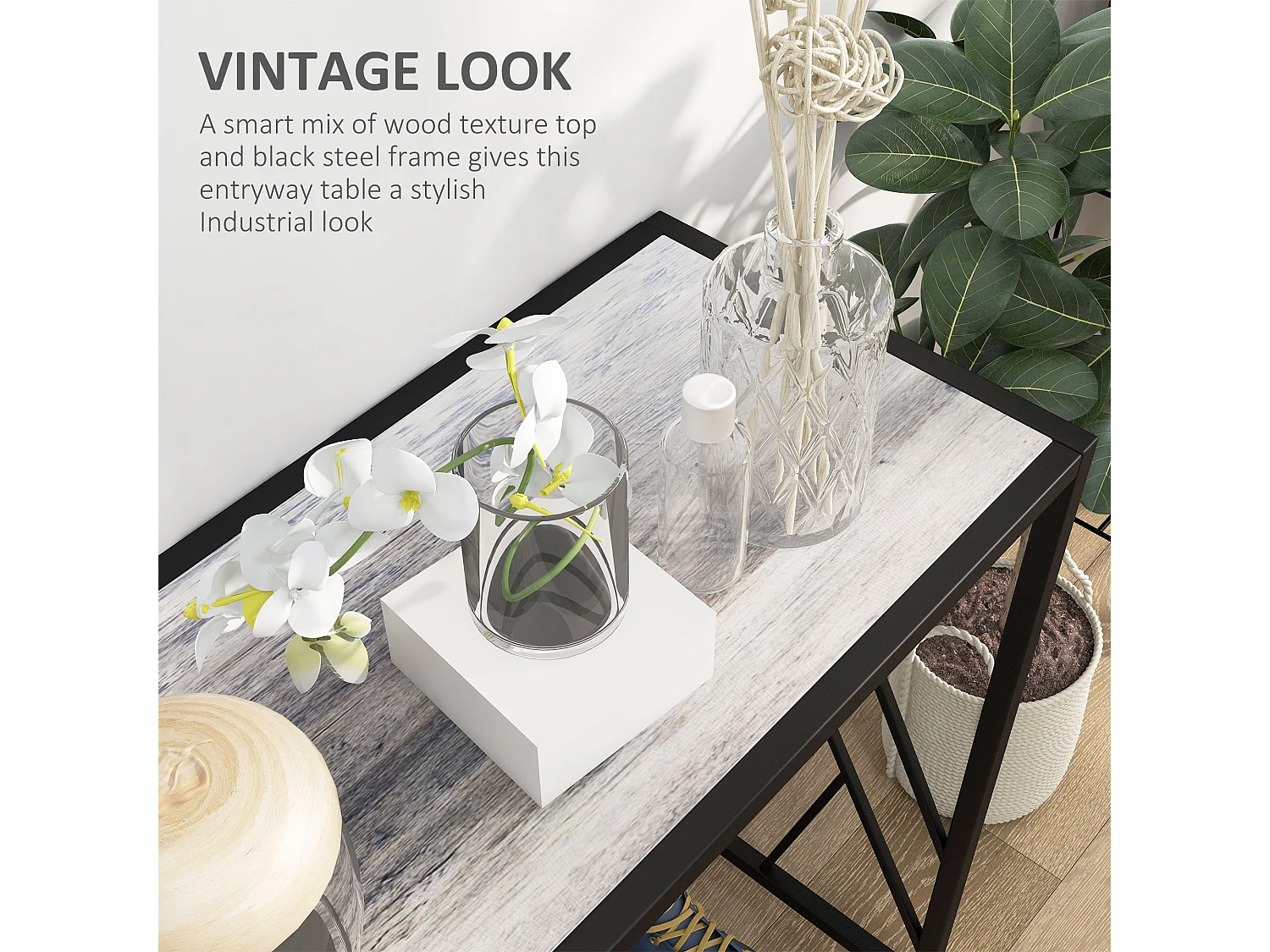 Toli 120cm Industrial Console Table Grey Particleboard Top Black Metal Frame