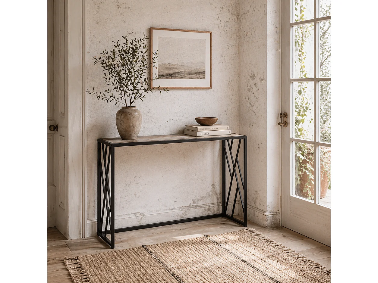 Toli 120cm Industrial Console Table Grey Particleboard Top Black Metal Frame