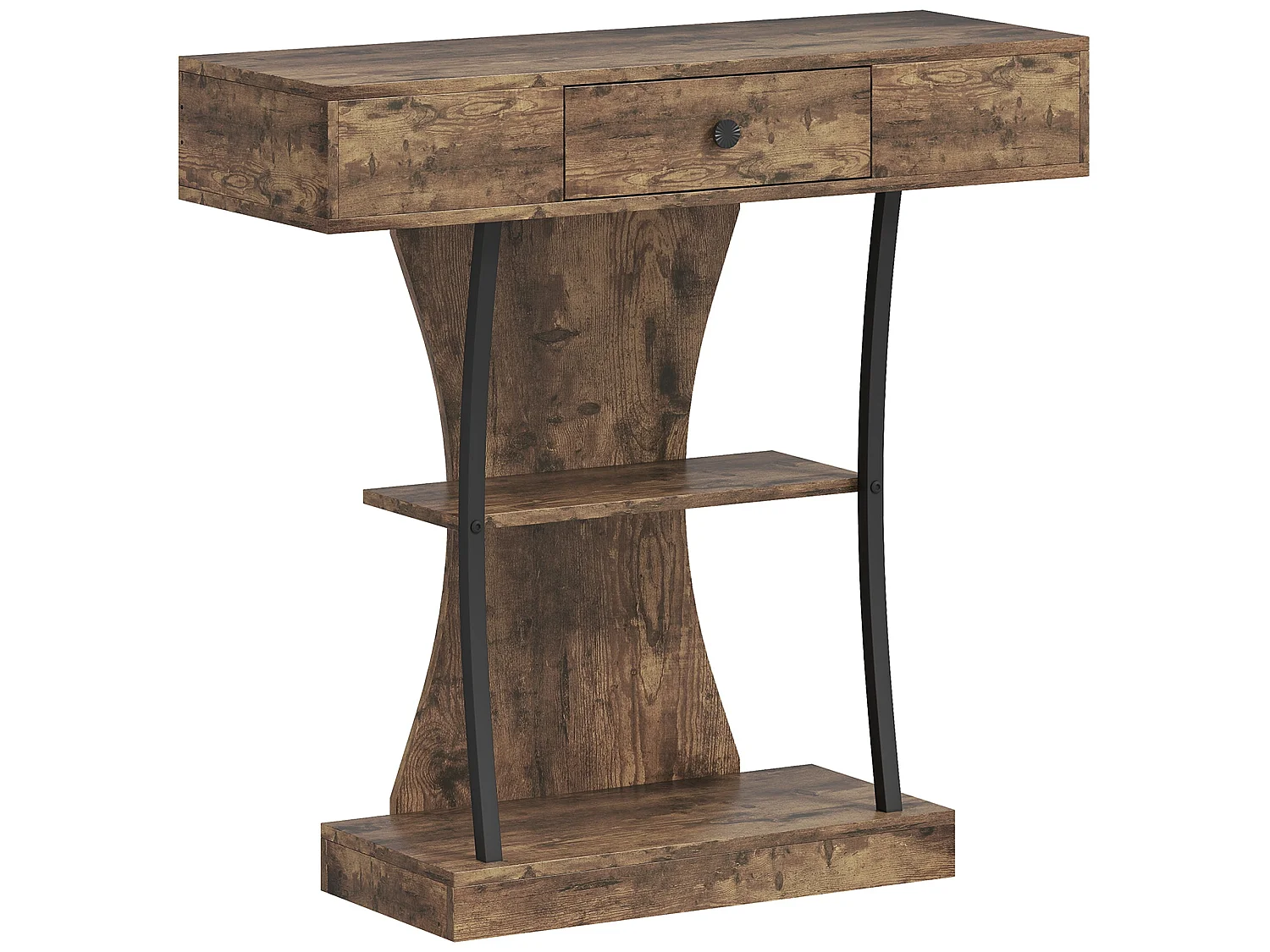 Rasana 3 Tier Rustic Brown Console Table with Drawer and Open Shelves