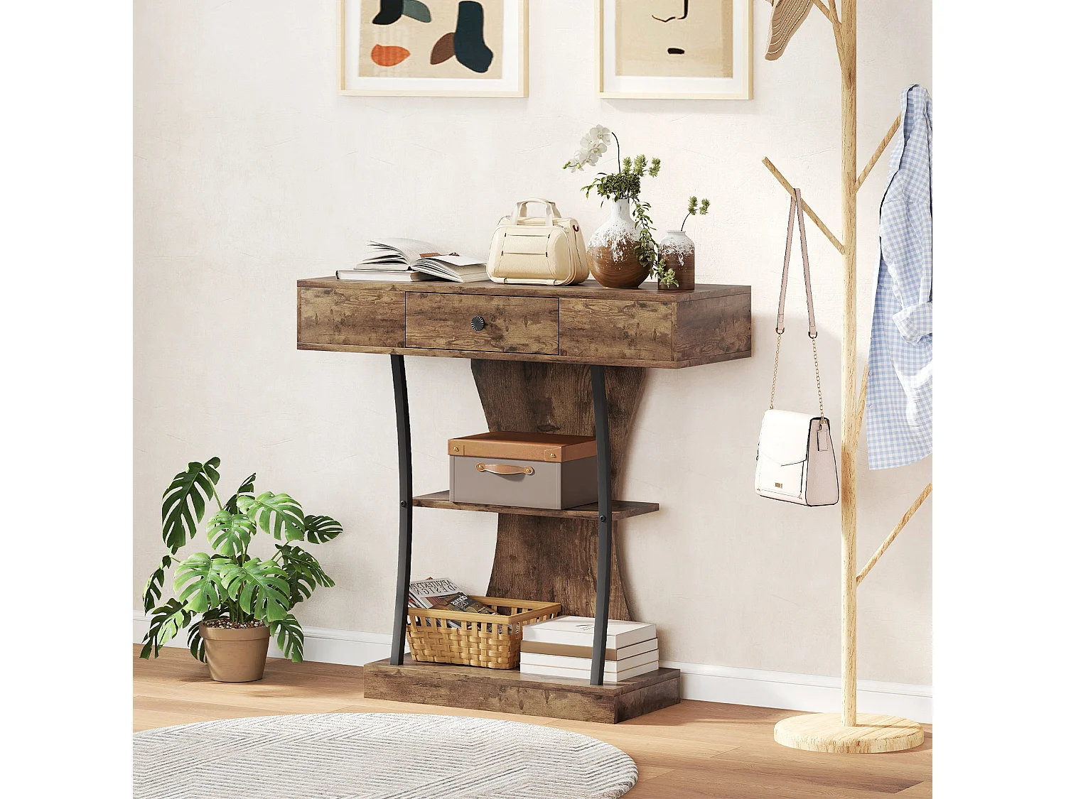 Rasana 3 Tier Rustic Brown Console Table with Drawer and Open Shelves