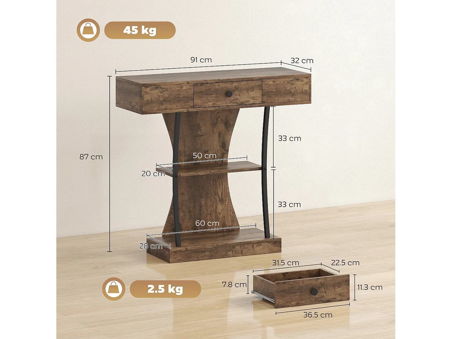 Rasana 3 Tier Rustic Brown Console Table with Drawer and Open Shelves