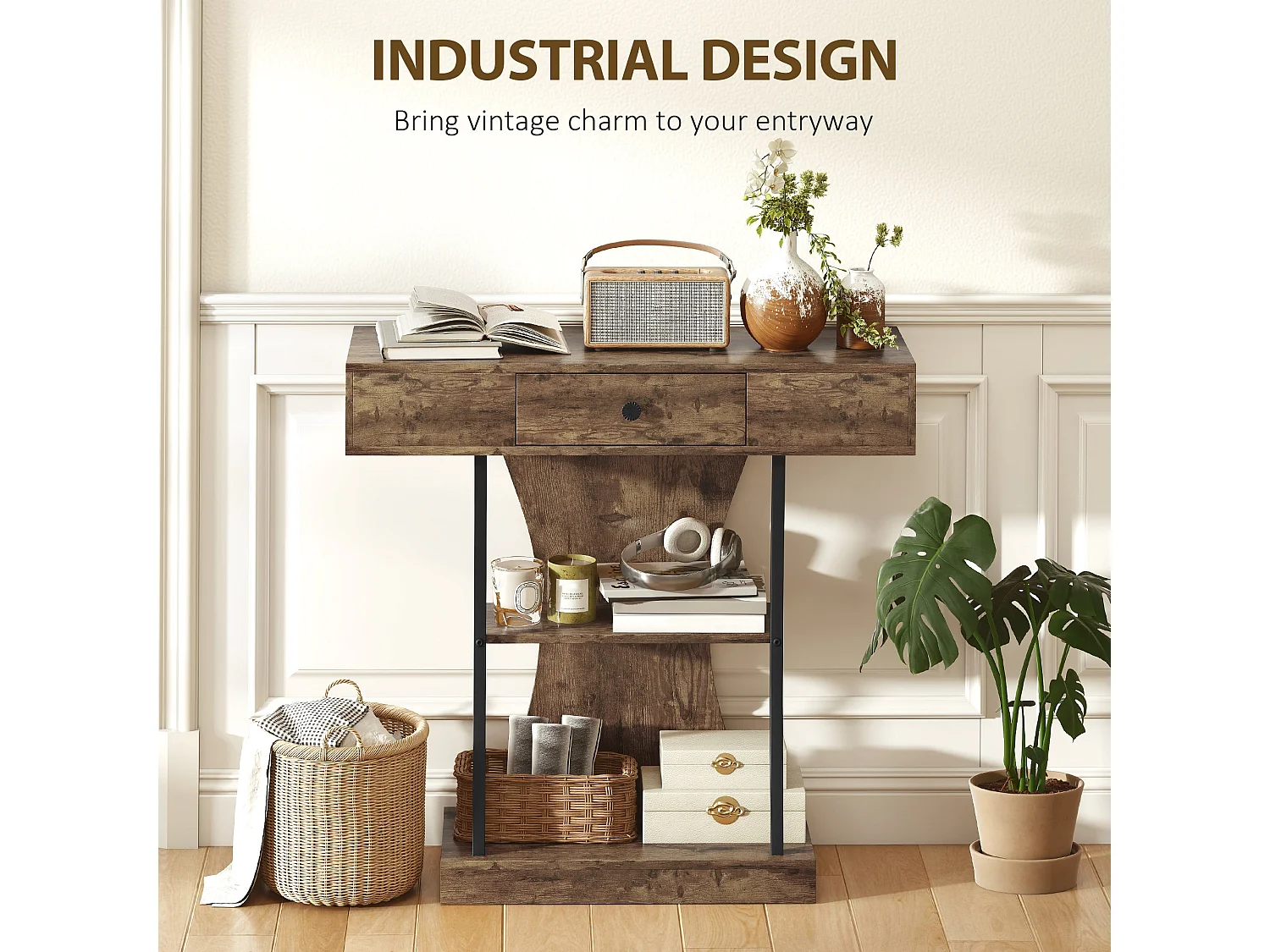 Rasana 3 Tier Rustic Brown Console Table with Drawer and Open Shelves