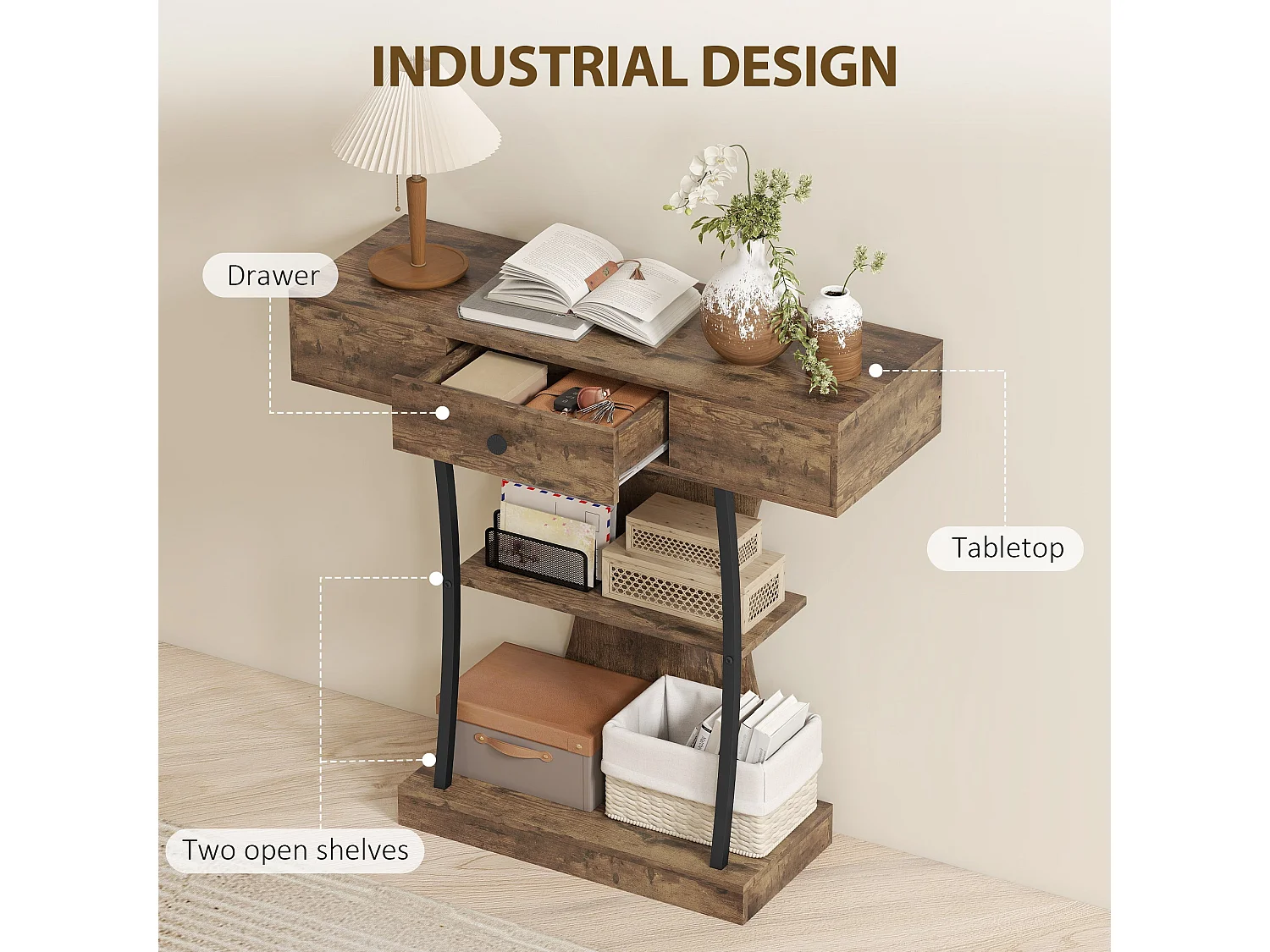 Rasana 3 Tier Rustic Brown Console Table with Drawer and Open Shelves