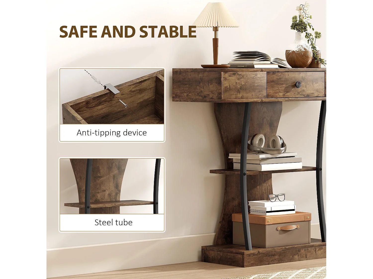 Rasana 3 Tier Rustic Brown Console Table with Drawer and Open Shelves