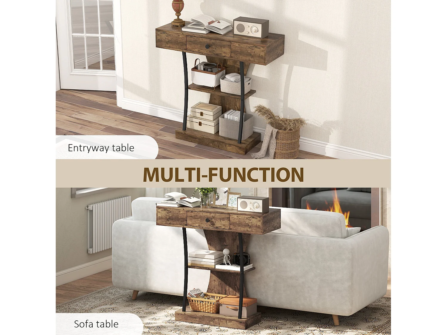 Rasana 3 Tier Rustic Brown Console Table with Drawer and Open Shelves