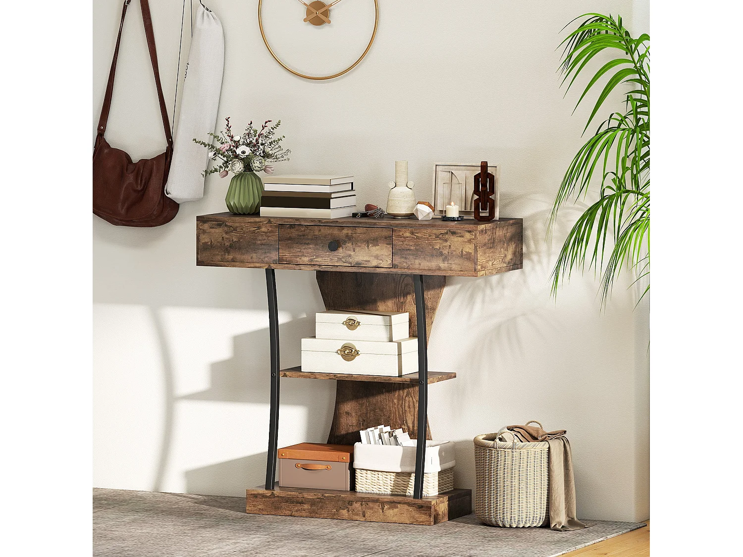 Rasana 3 Tier Rustic Brown Console Table with Drawer and Open Shelves