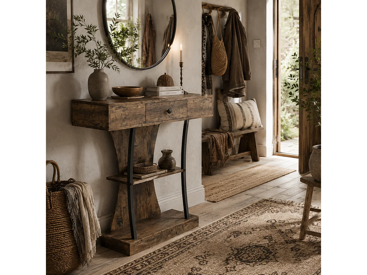 Rasana 3 Tier Rustic Brown Console Table with Drawer and Open Shelves