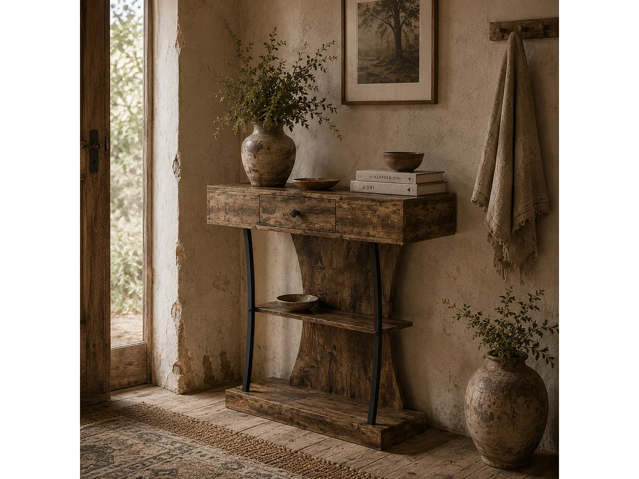 Rasana 3 Tier Rustic Brown Console Table with Drawer and Open Shelves