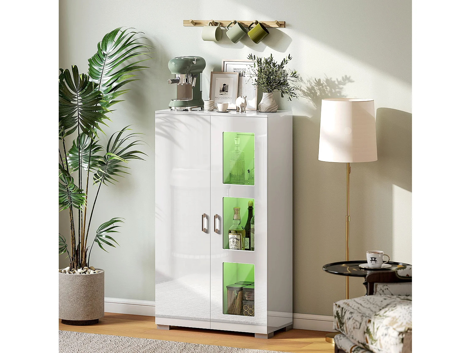 Sora Coma Tall Storage Cabinet High Gloss White with Glass Doors 2 Shelves and RGB LED Lighting