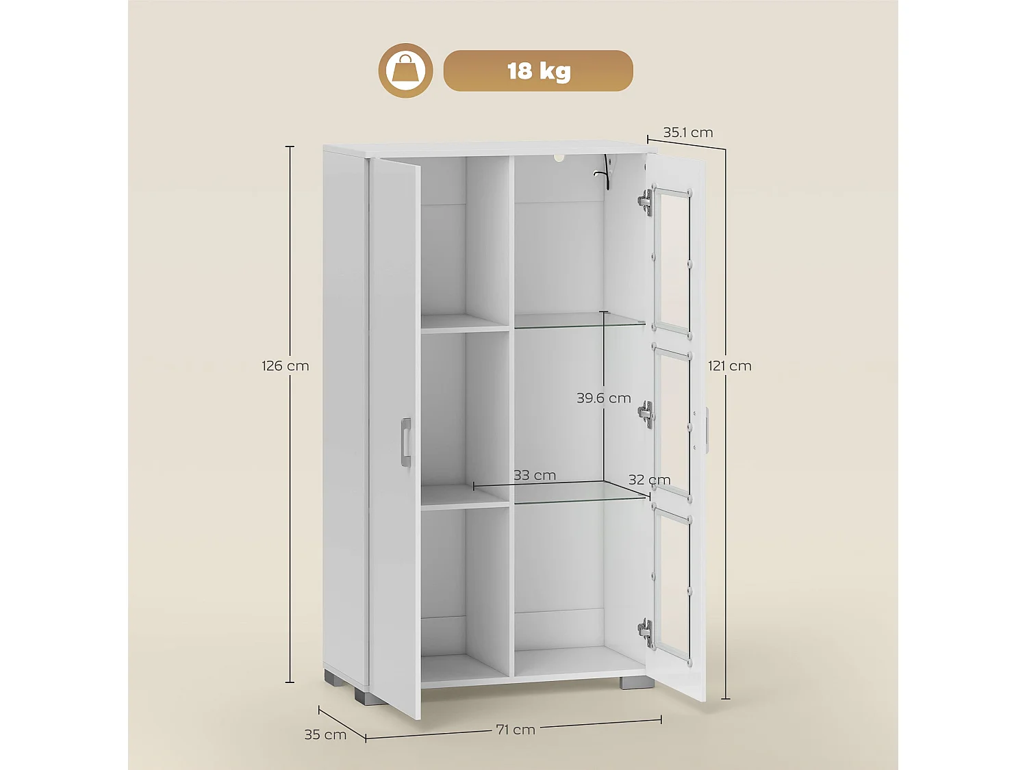 Sora Coma Tall Storage Cabinet High Gloss White with Glass Doors 2 Shelves and RGB LED Lighting
