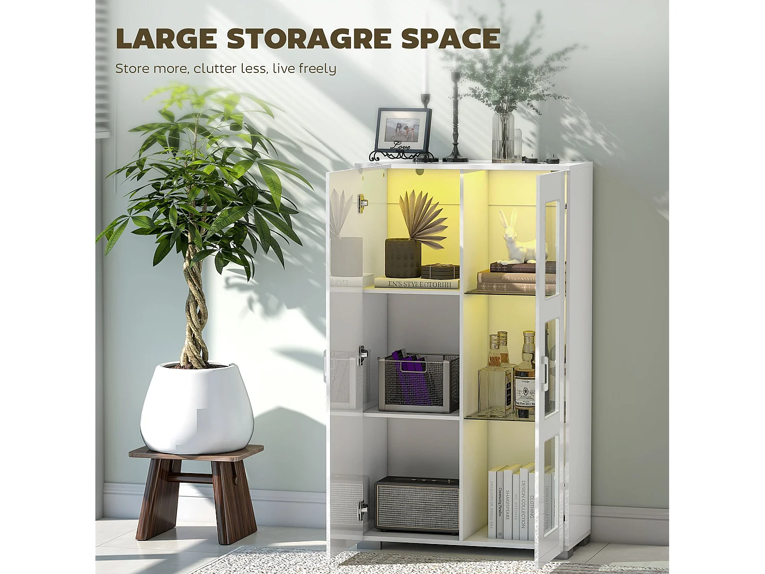 Sora Coma Tall Storage Cabinet High Gloss White with Glass Doors 2 Shelves and RGB LED Lighting