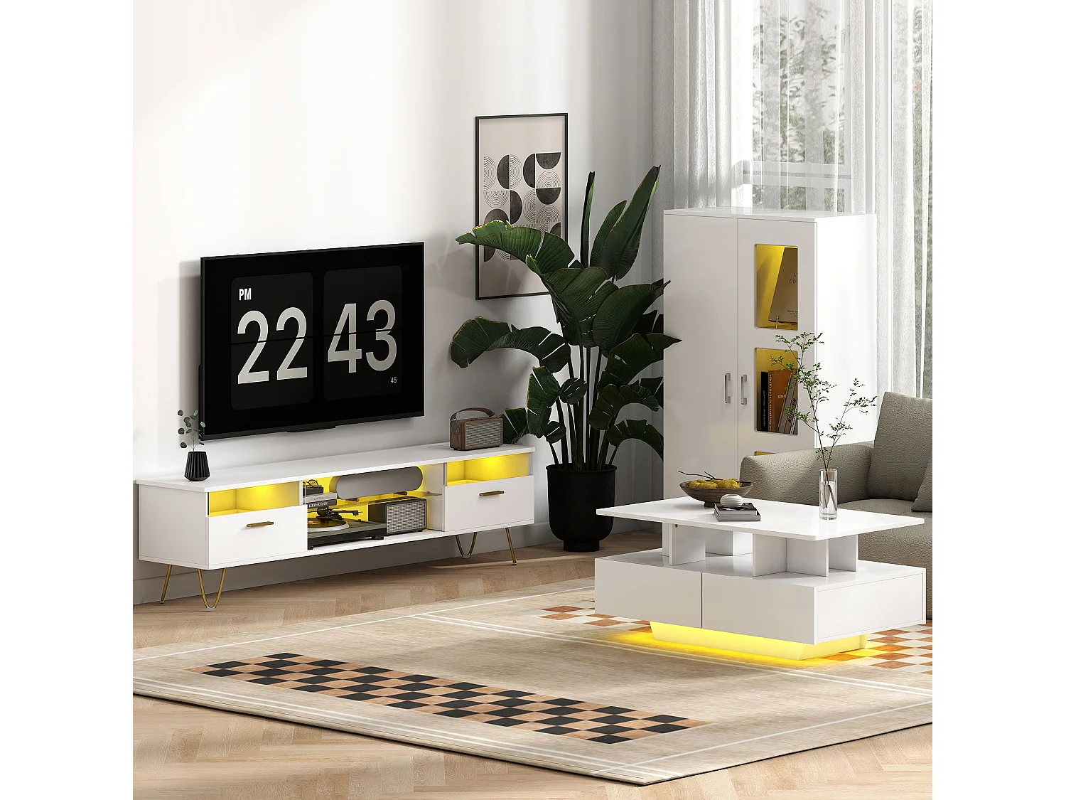 Sora Coma Tall Storage Cabinet High Gloss White with Glass Doors 2 Shelves and RGB LED Lighting