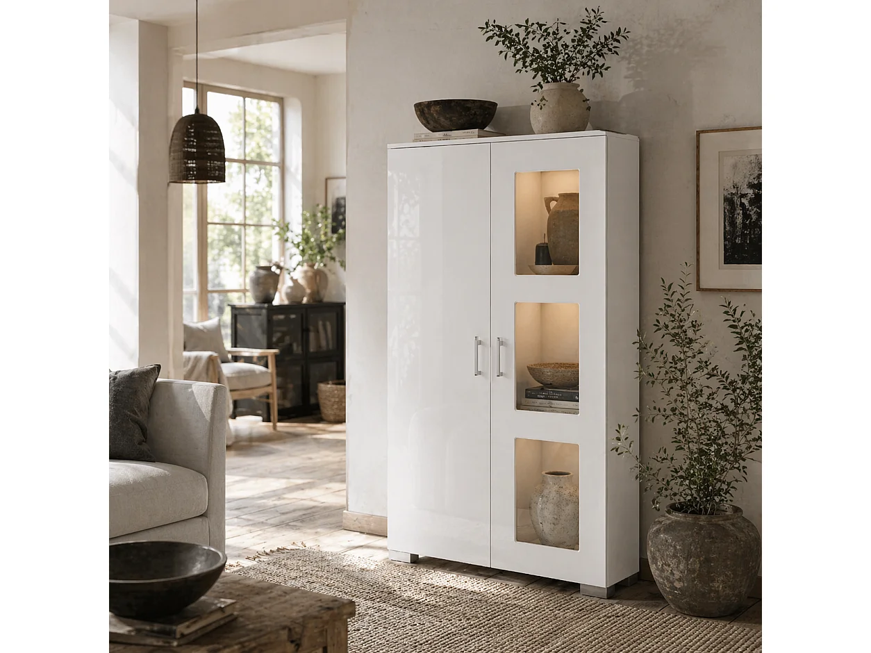 Sora Coma Tall Storage Cabinet High Gloss White with Glass Doors 2 Shelves and RGB LED Lighting