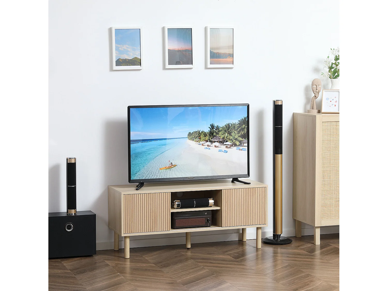 Rodo TV Unit Oak Effect 115cm with Sliding Ridged Doors