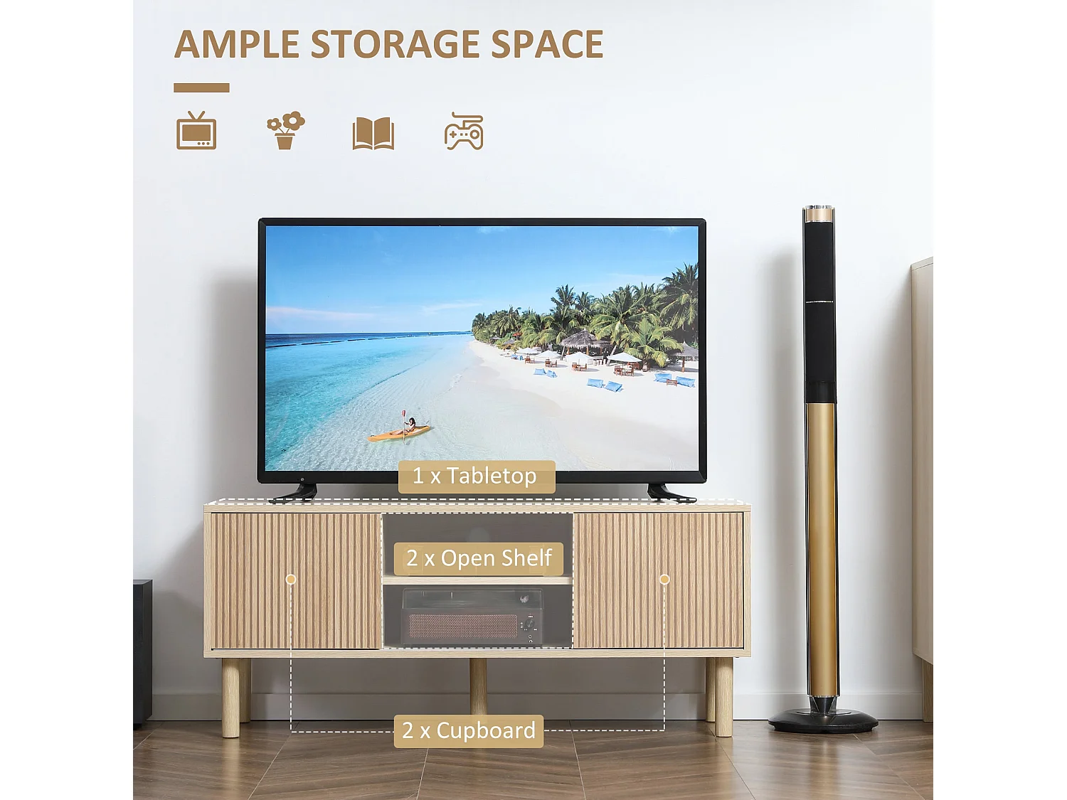 Rodo TV Unit Oak Effect 115cm with Sliding Ridged Doors