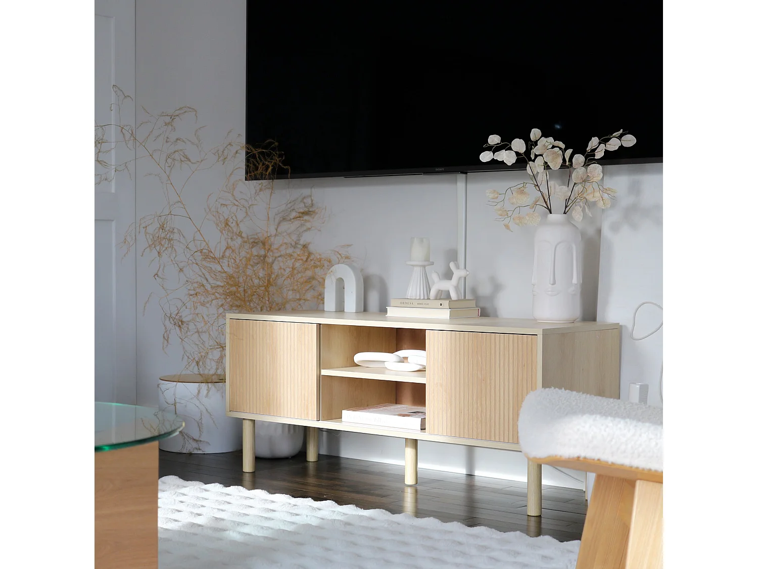 Rodo TV Unit Oak Effect 115cm with Sliding Ridged Doors