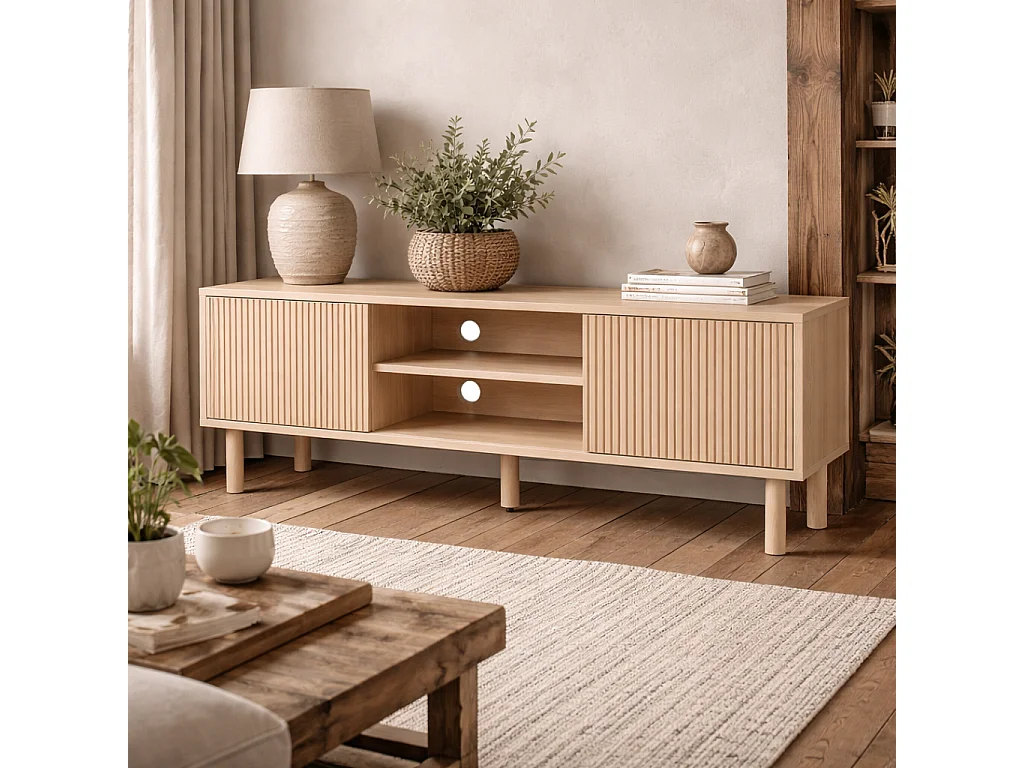 Rodo TV Unit Oak Effect 115cm with Sliding Ridged Doors