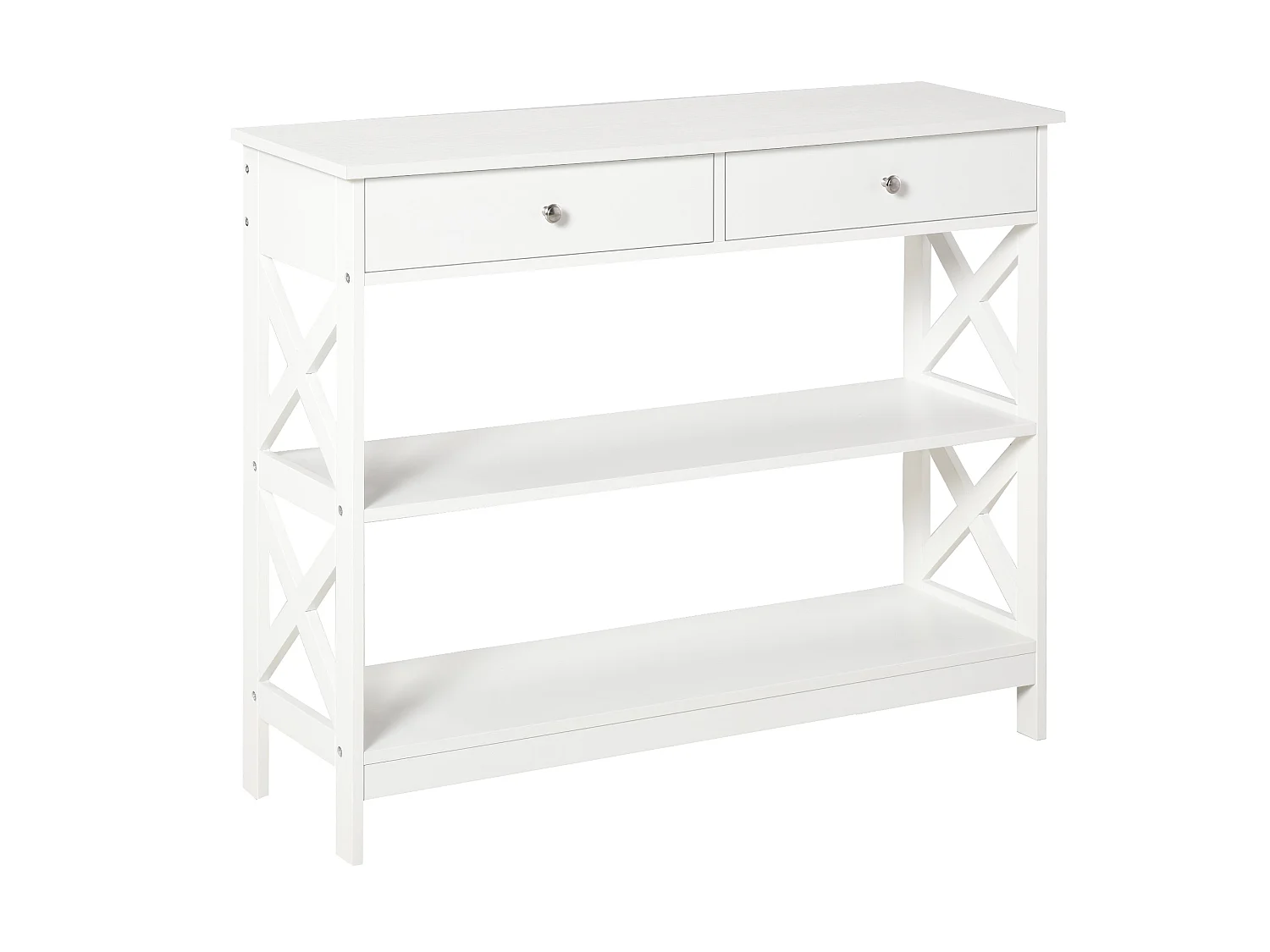 Ralupa 100cm White MDF Console Table X Frame Drawers and Open Shelves
