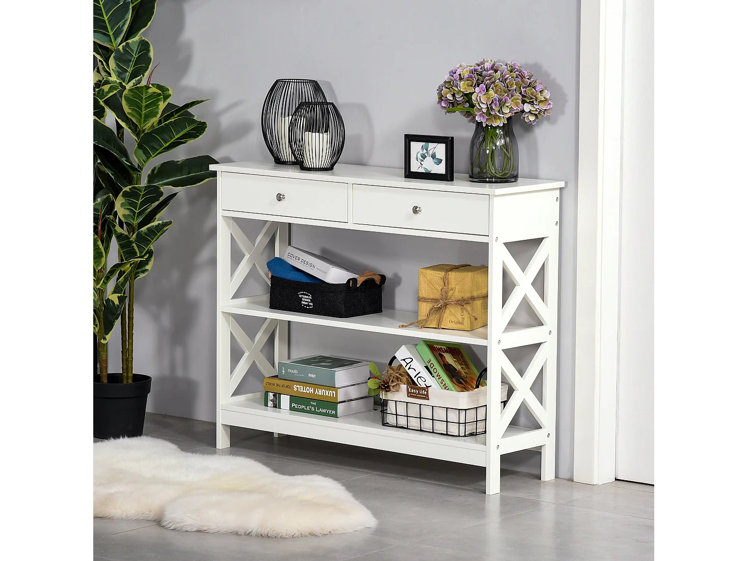 Ralupa 100cm White MDF Console Table X Frame Drawers and Open Shelves