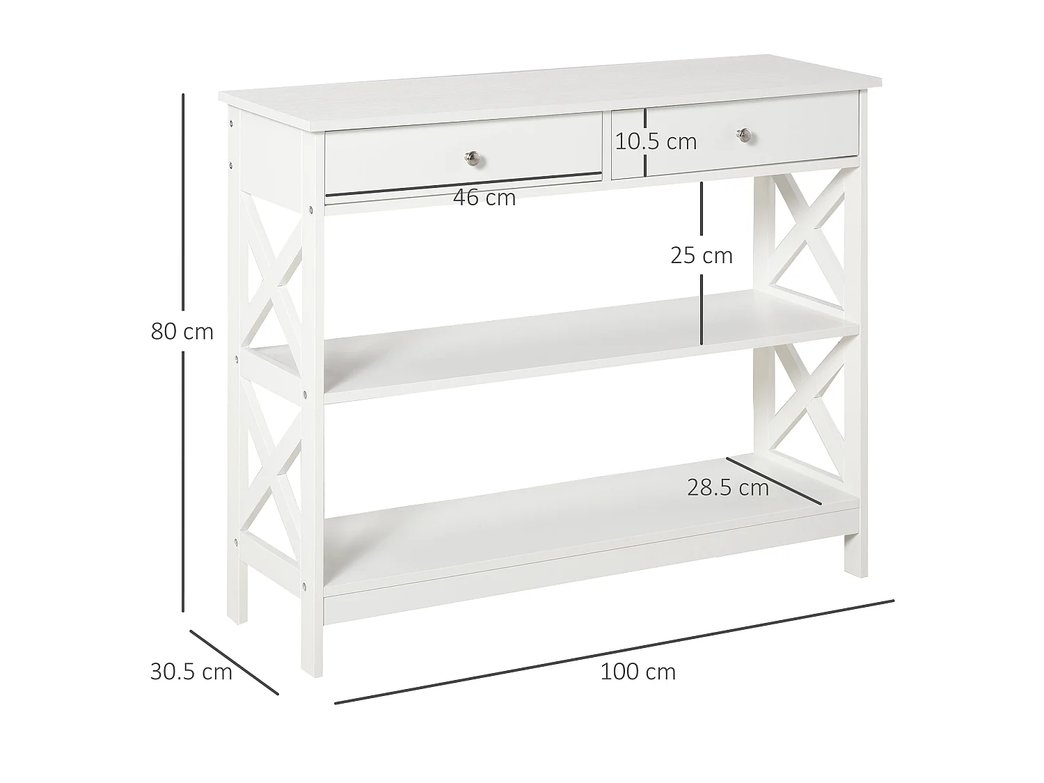Ralupa 100cm White MDF Console Table X Frame Drawers and Open Shelves