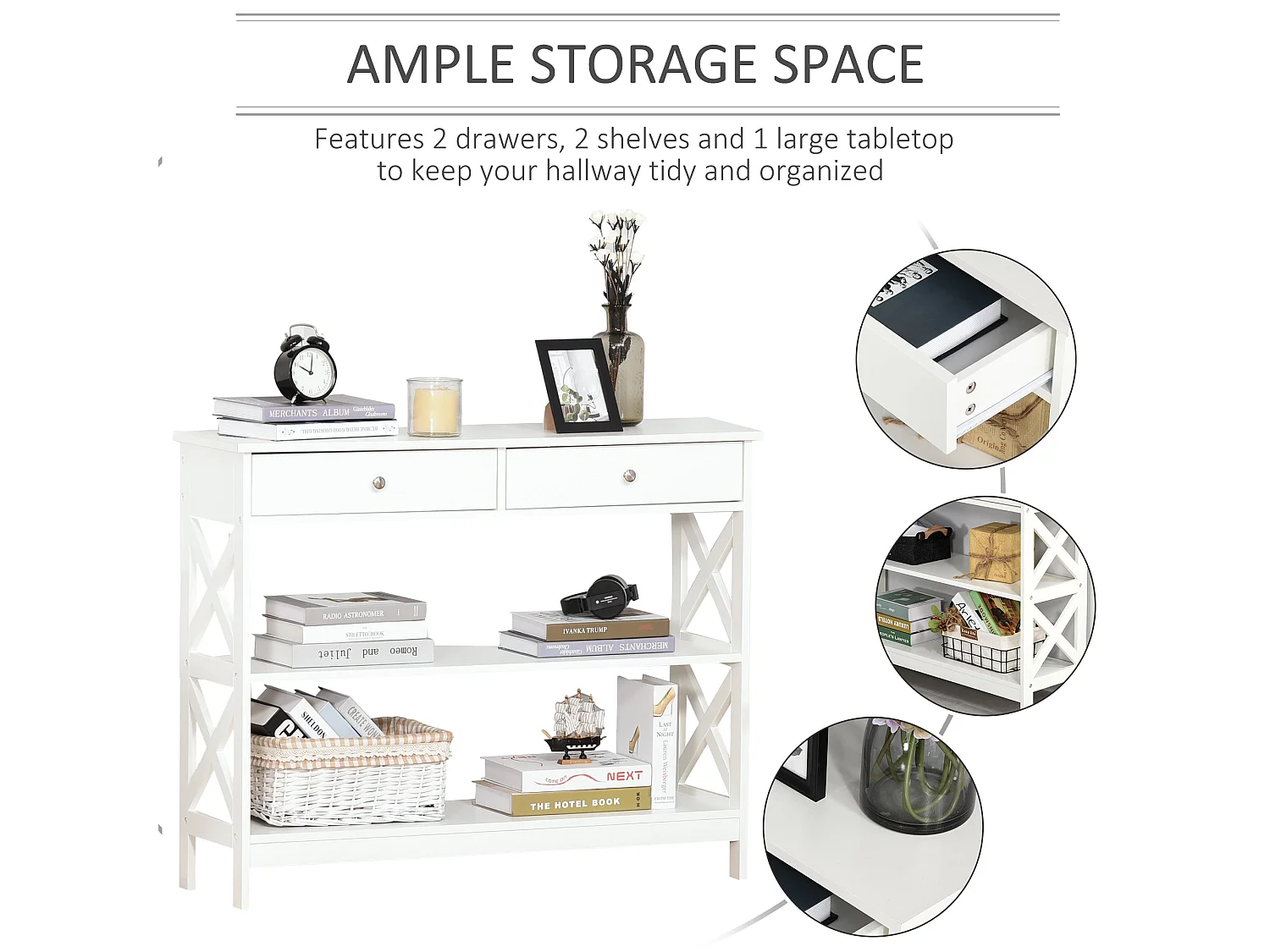 Ralupa 100cm White MDF Console Table X Frame Drawers and Open Shelves