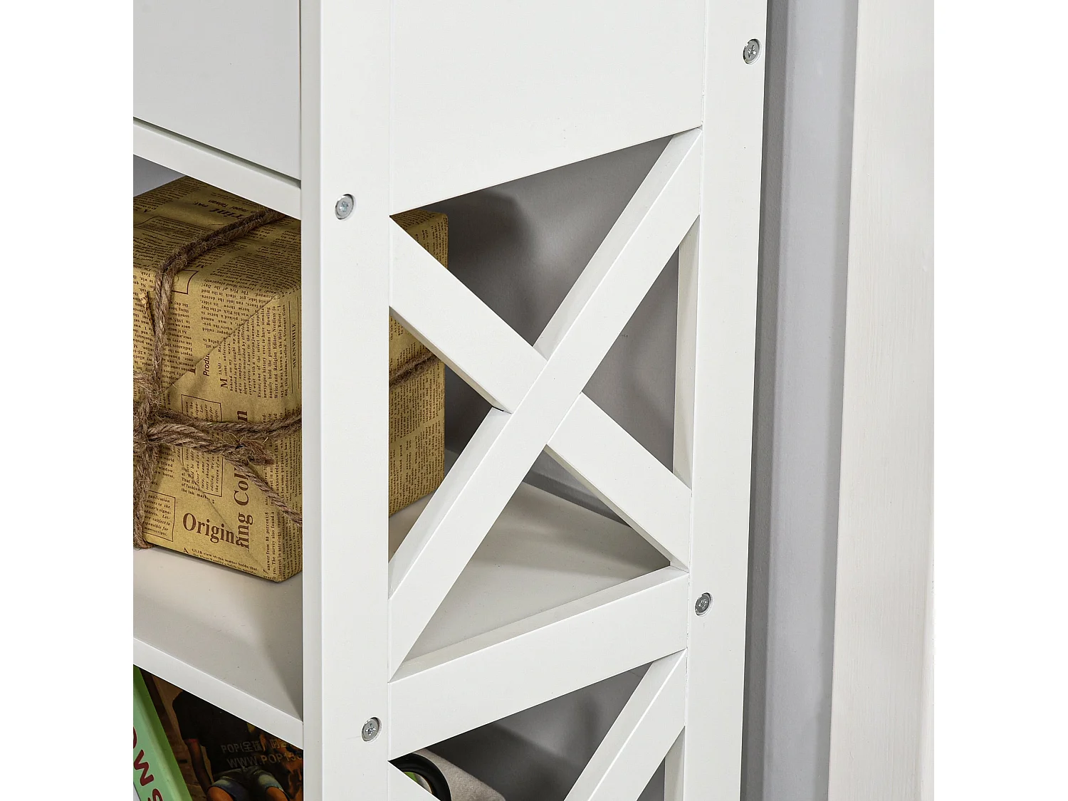 Ralupa 100cm White MDF Console Table X Frame Drawers and Open Shelves